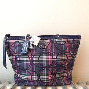 COACH Poppy Tartan Tote Navy & Pink Plaid
